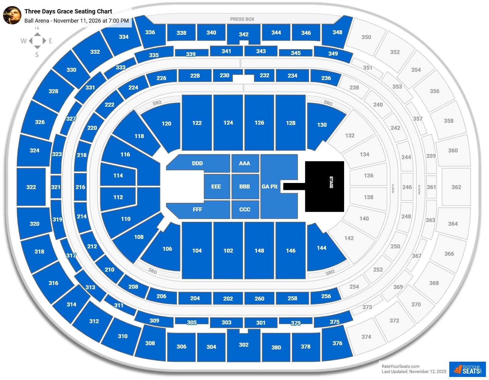Three Days Grace seating chart Ball Arena