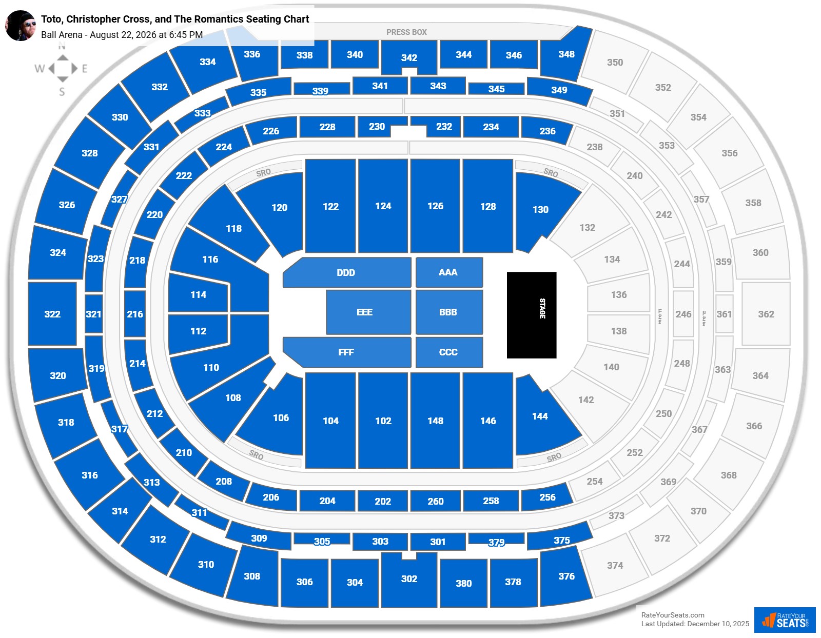 Toto, Christopher Cross, and The Romantics seating chart Ball Arena