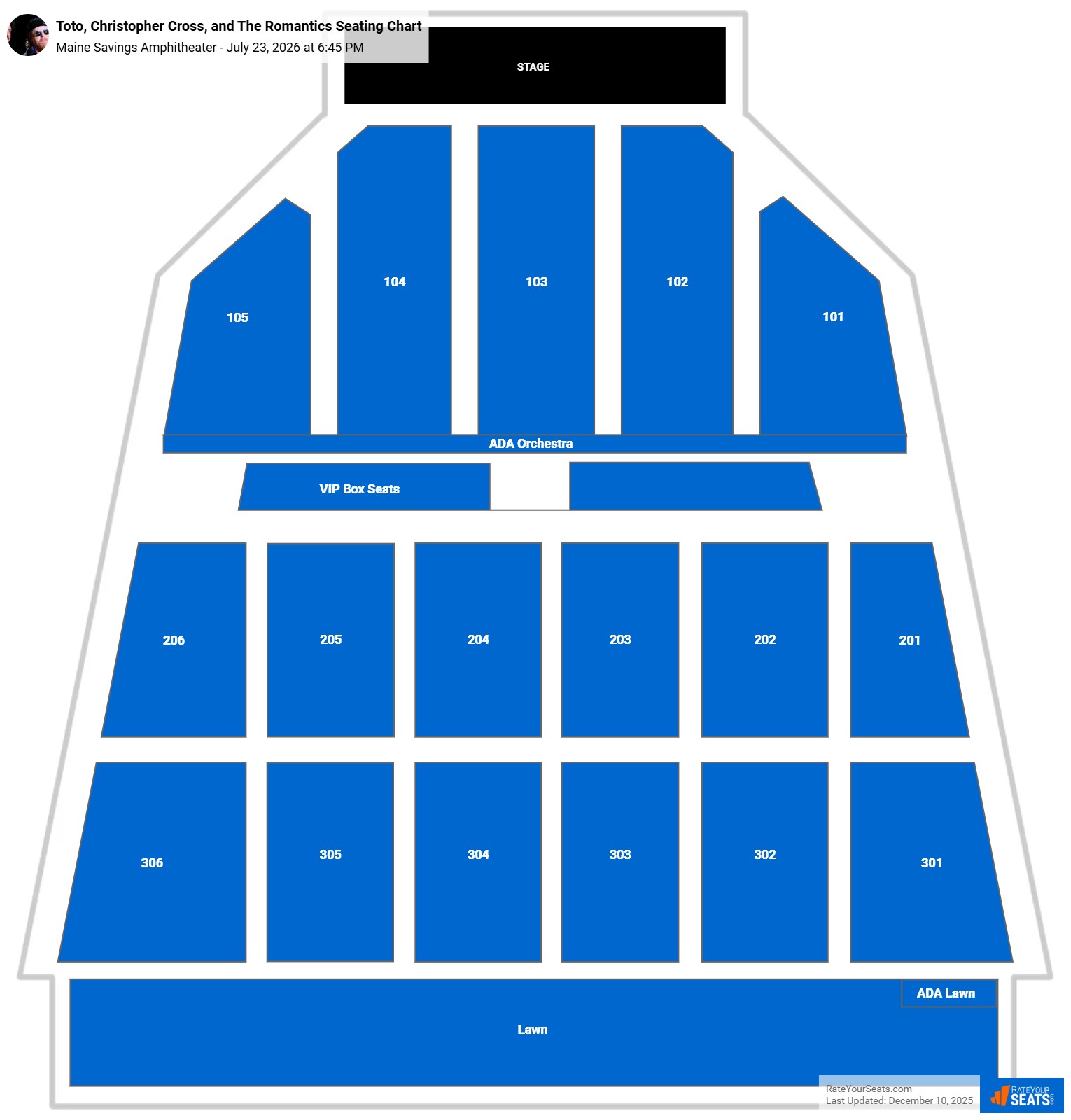 Toto, Christopher Cross, and The Romantics seating chart Maine Savings Amphitheater
