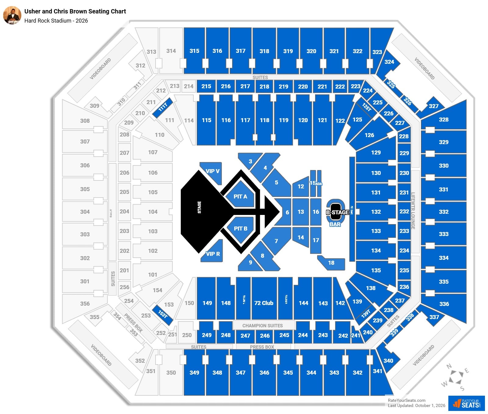 Usher and Chris Brown Seating Chart at Hard Rock Stadium