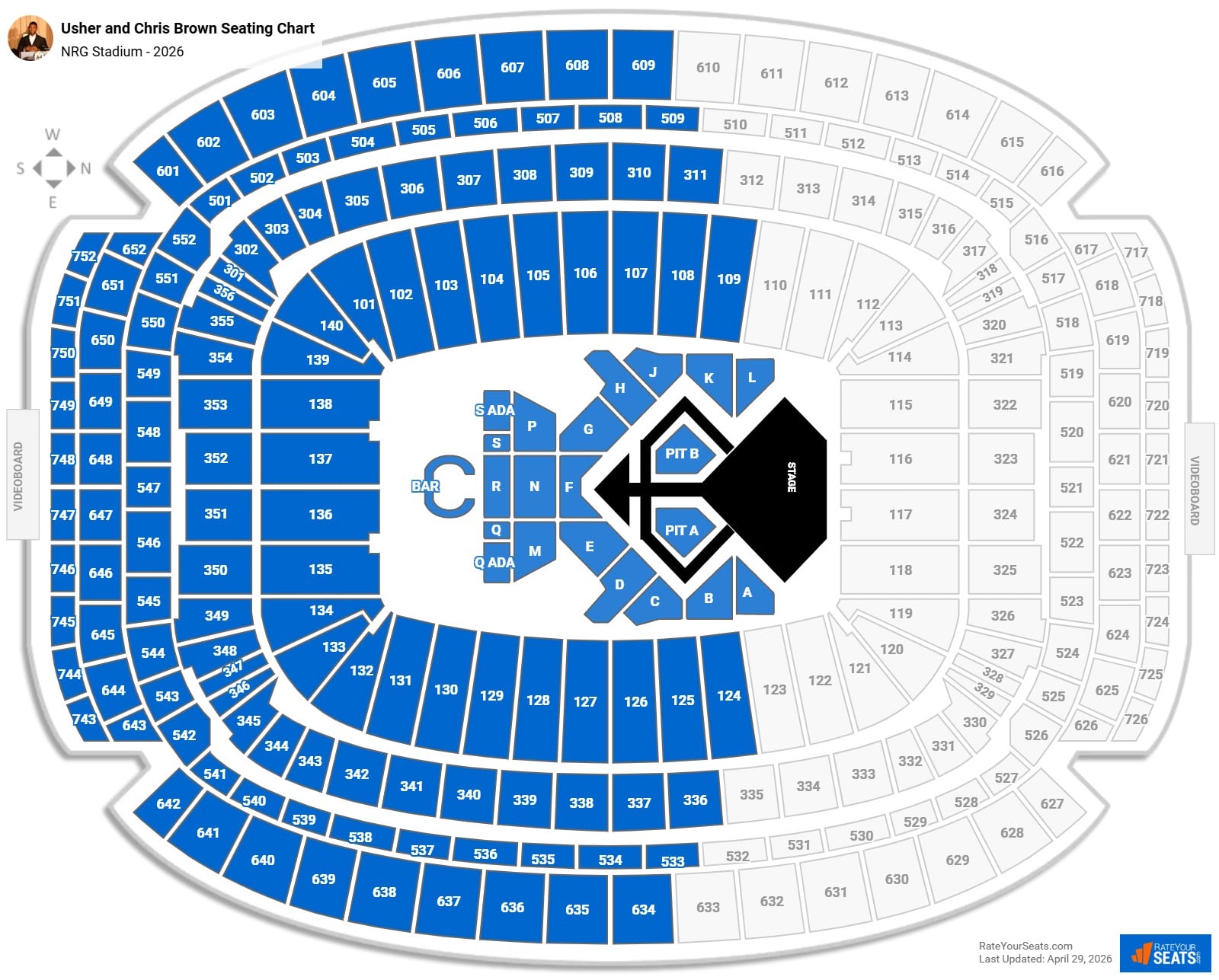 Usher and Chris Brown Seating Chart at Reliant Stadium