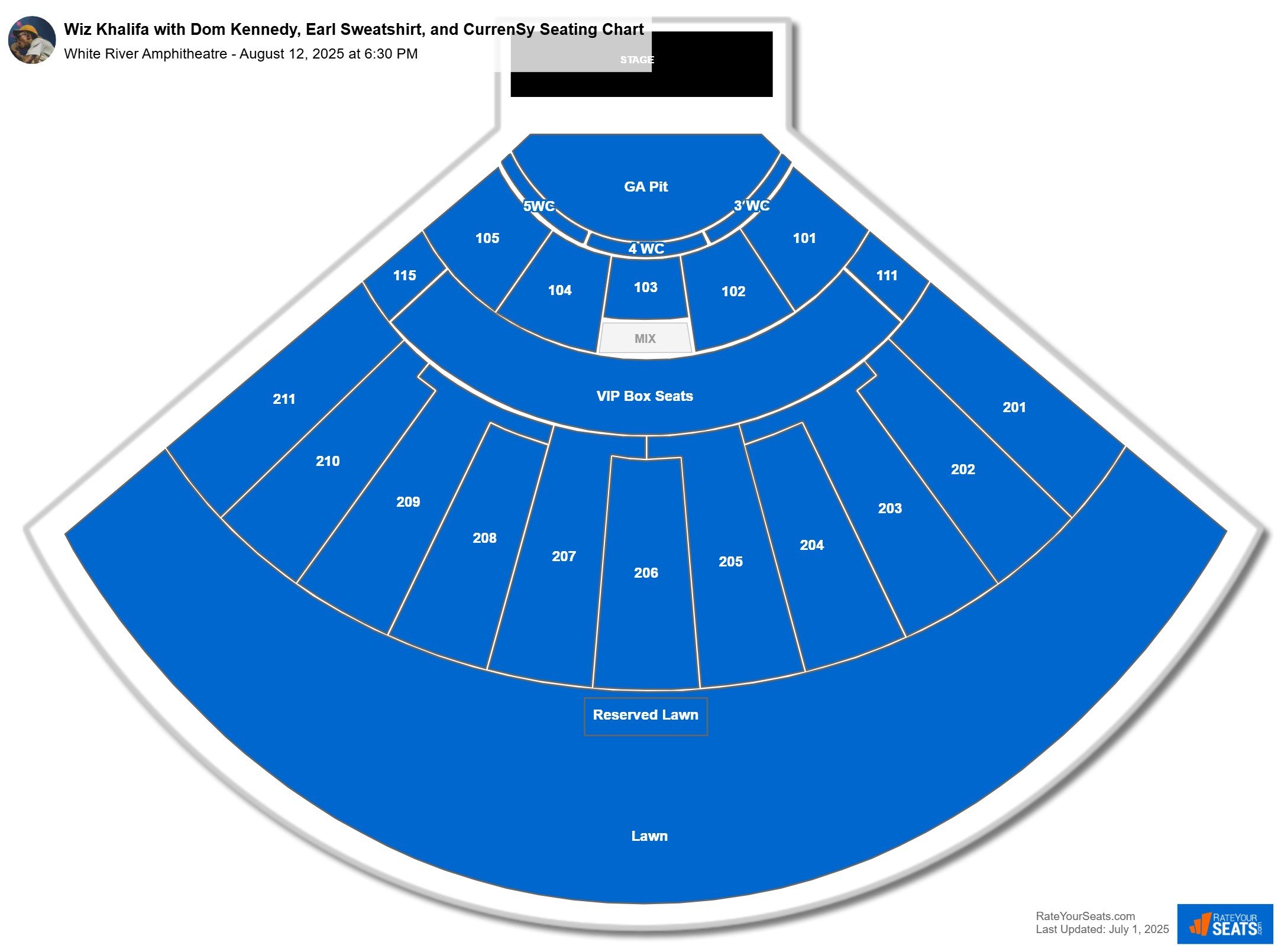 Wiz Khalifa with Dom Kennedy, Earl Sweatshirt, and CurrenSy seating chart White River Amphitheatre