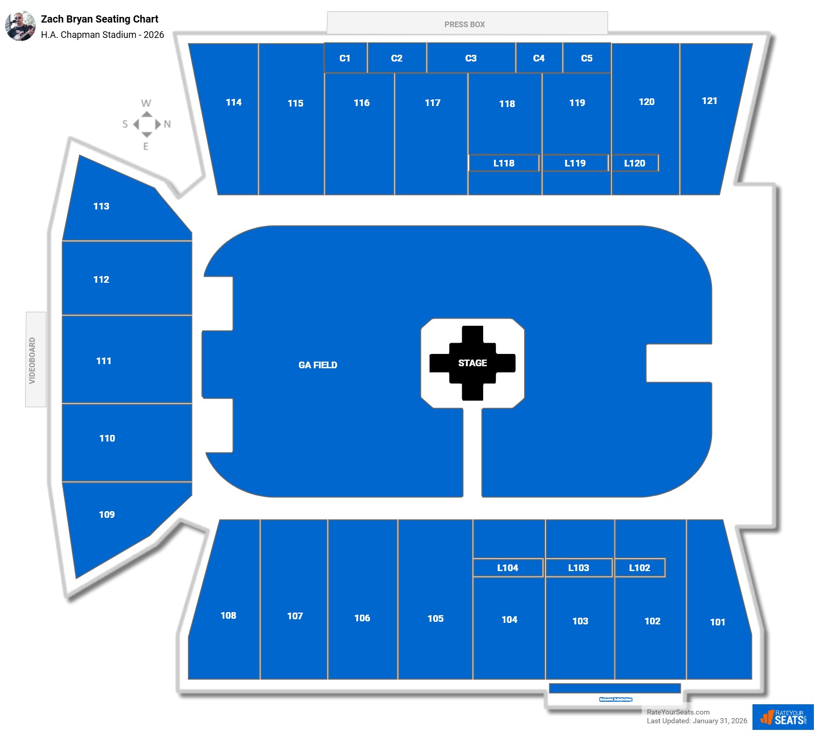 Zach Bryan seating chart H.A. Chapman Stadium
