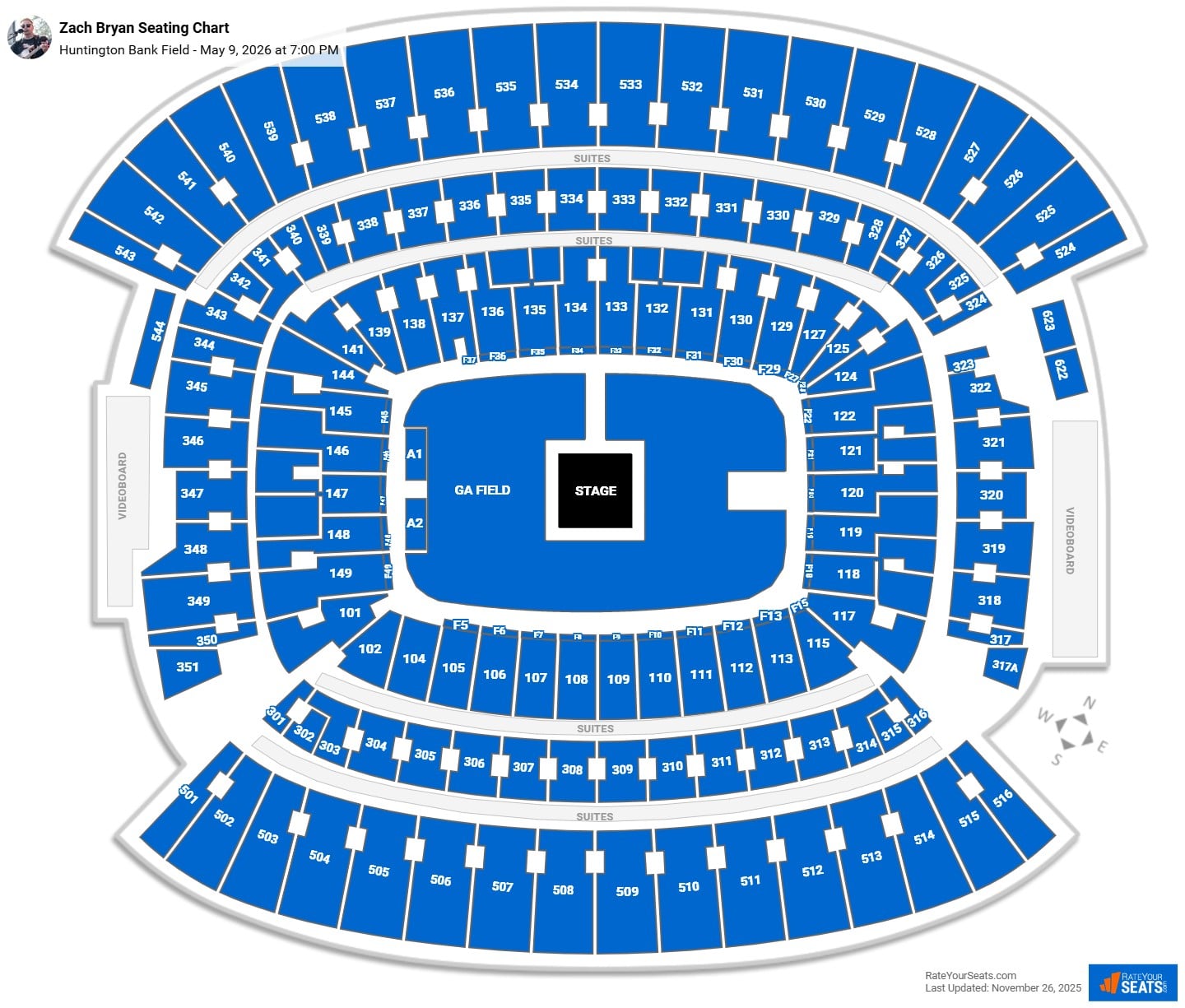 Zach Bryan seating chart Huntington Bank Field