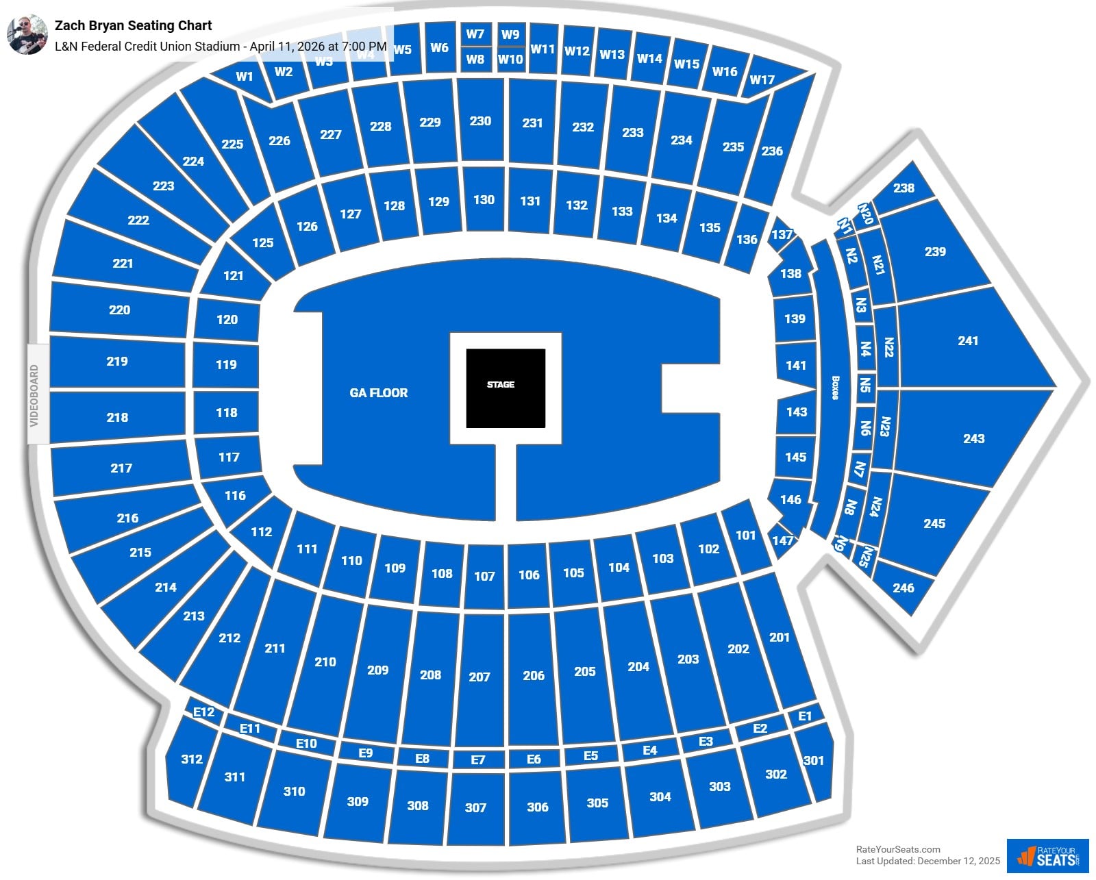 Zach Bryan seating chart L&N Federal Credit Union Stadium