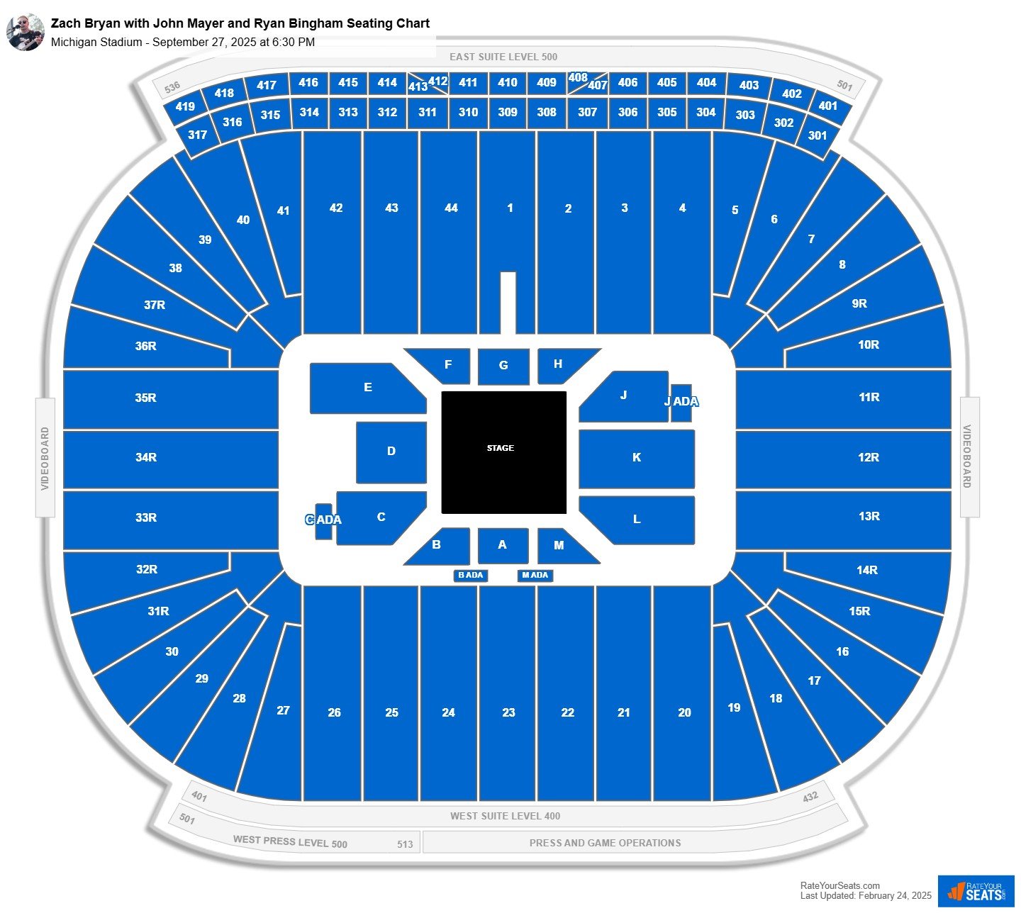 Zach Bryan with John Mayer and Ryan Bingham seating chart Michigan Stadium