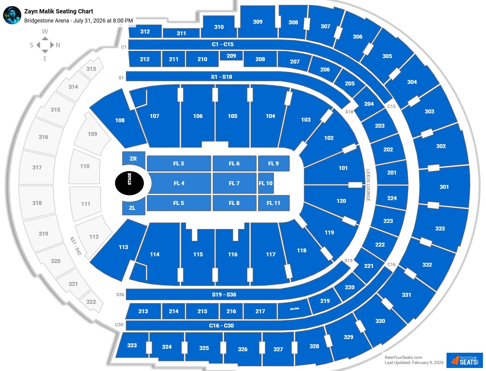 Zayn Malik seating chart Bridgestone Arena