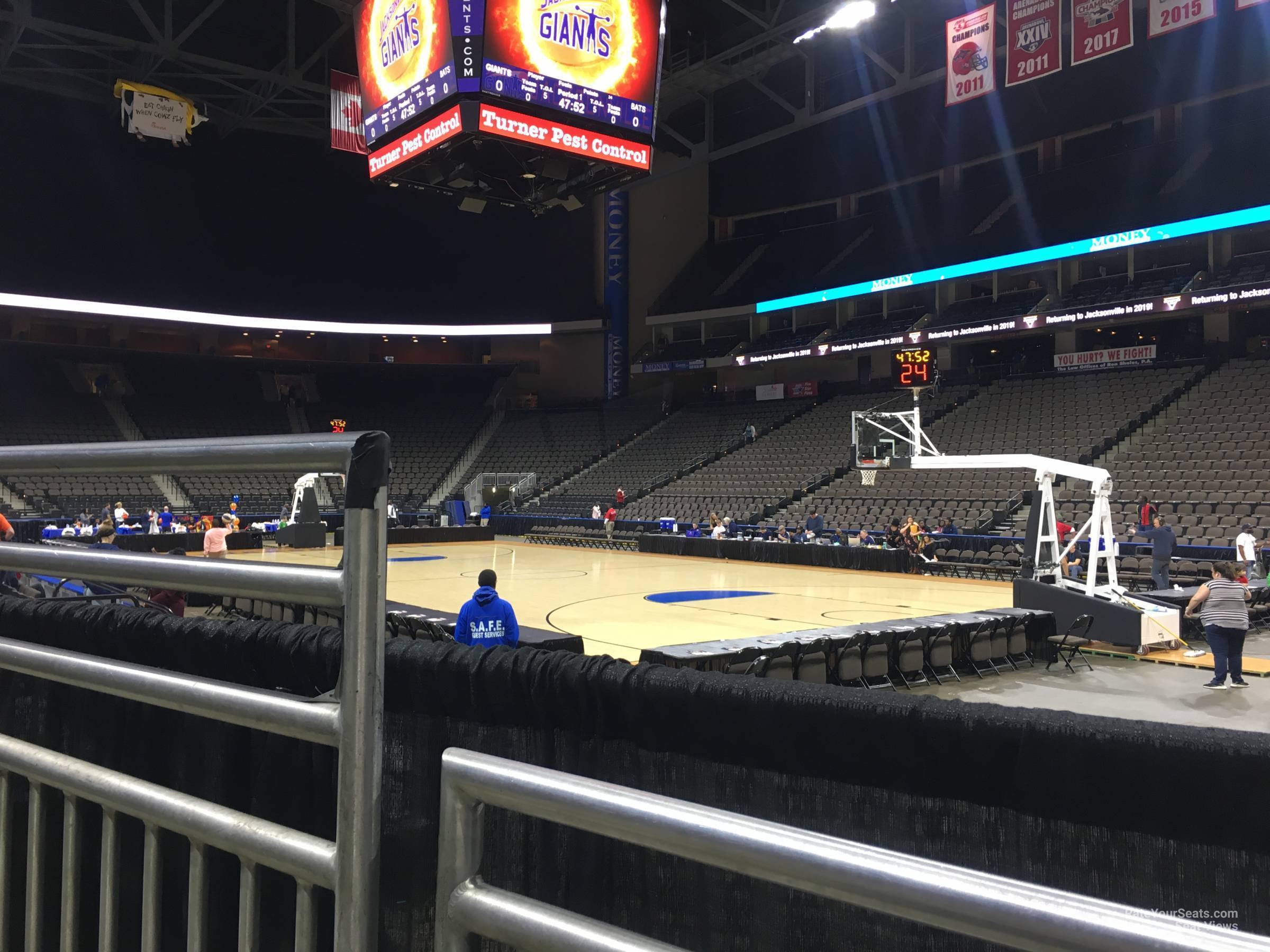 section 100, row e seat view  for basketball - vystar veterans memorial arena